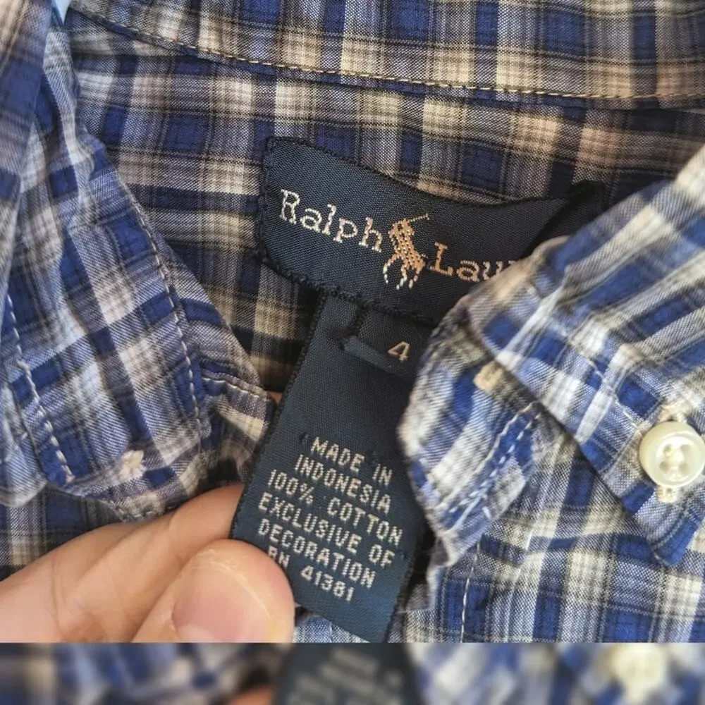 Vtg Ralph Lauren 4T Boys Blue Plaid Long Sleeve Button Down Preppy
